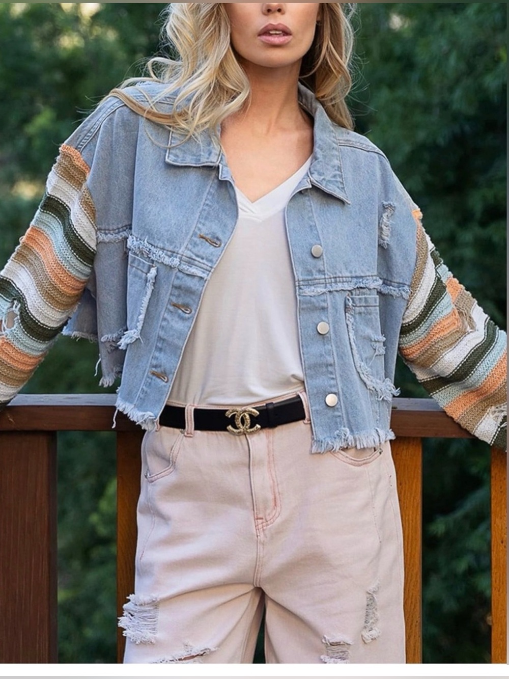 NWT POL Distressed Oversized Cropped Denim Jacket Crochet Sleeve NWT